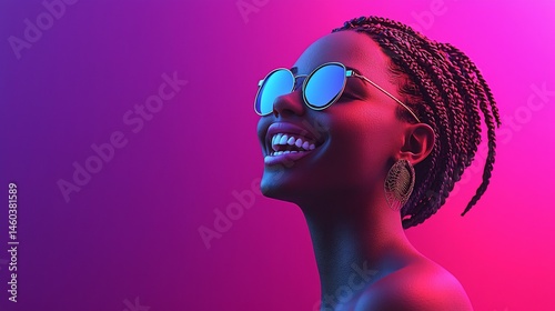 3d Render of a Happy Young Woman With Braided Hair Wearing Sunglasses Smiling Confidently In Bright Purple Sunlight Representing Freedom and Lifestyle With Coloured Background
