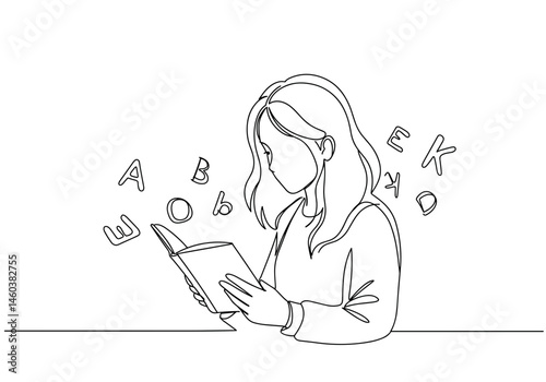 Girl Reading a Book with Flying Letters – Reading, Learning, Imagination Concept for Education, Blog, Article Design