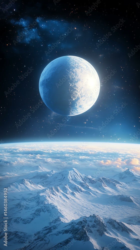 Obraz premium A stunning view of Earth from space, showcasing snowy peaks and a distant moon. A captivating representation of our planet and the wonders beyond.