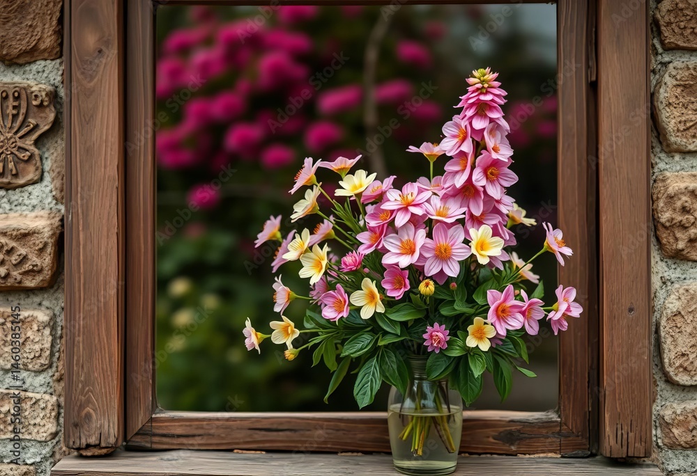 Fototapeta premium Rustic cottage window, spring blooms in vase, vibrant blossoms outside, design, bloom