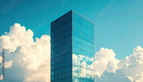 Modern glass skyscraper reflecting fluffy clouds against a vibrant blue sky.  Image ideal for corporate, architectural, and real estate projects.