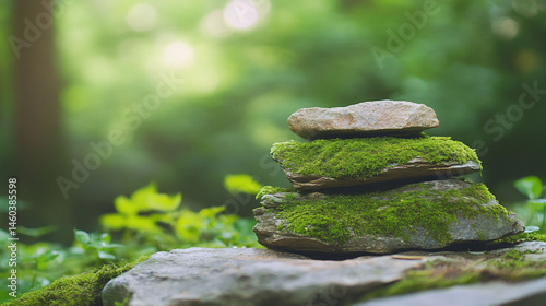 Moss covered stone cairn in tranquil forest setting harmony and balance