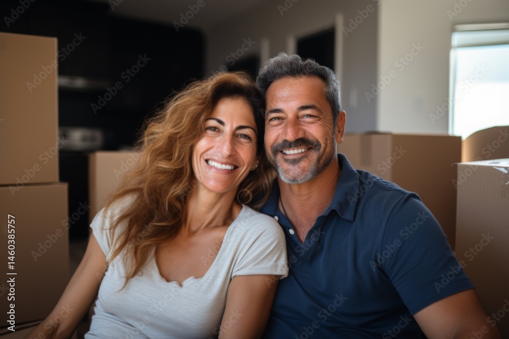 portrait of a smiling middle age hispanic couple in empty home after moving in portrait of a smiling middle age hispanic couple in empty home after moving in