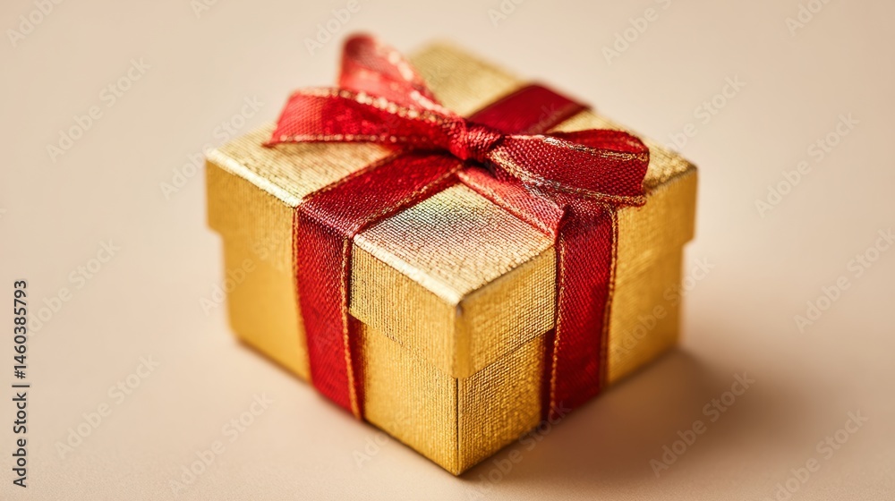 Obraz premium Golden gift box with red ribbon, symbolizing luxury and celebration 