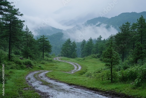 Mountain road winding through green forest with mist in the distance