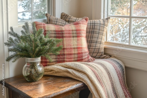 Cozy living room with plaid pillows and warm tones near large window
