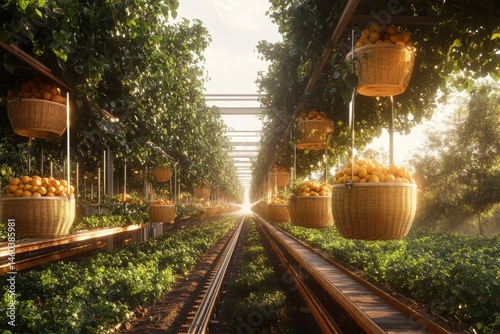 Sunlit railway tracks with hanging paper lanterns in a peaceful tropical village