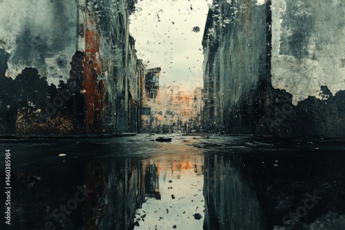Foggy cityscape with tall buildings reflected in water at dawn
