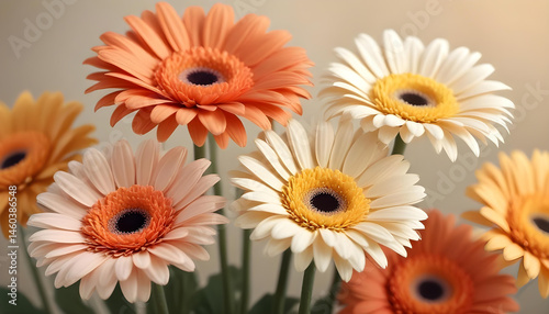 A vibrant bouquet of Gerbera daisies in shades of orange, peach, and white, with contrasting dark centers, arranged closely together against a soft, muted background.