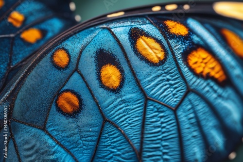 Extreme close-up of insect wing showing blue and orange patterns and texture