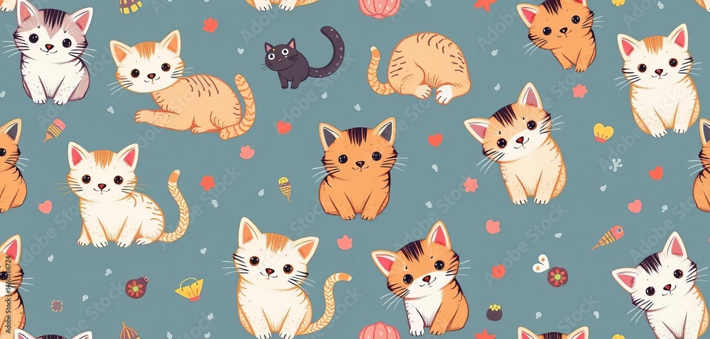 Obraz premium Seamless playful kitten pattern, diverse styles, childish texture ideal for fabric, adorable, illustration