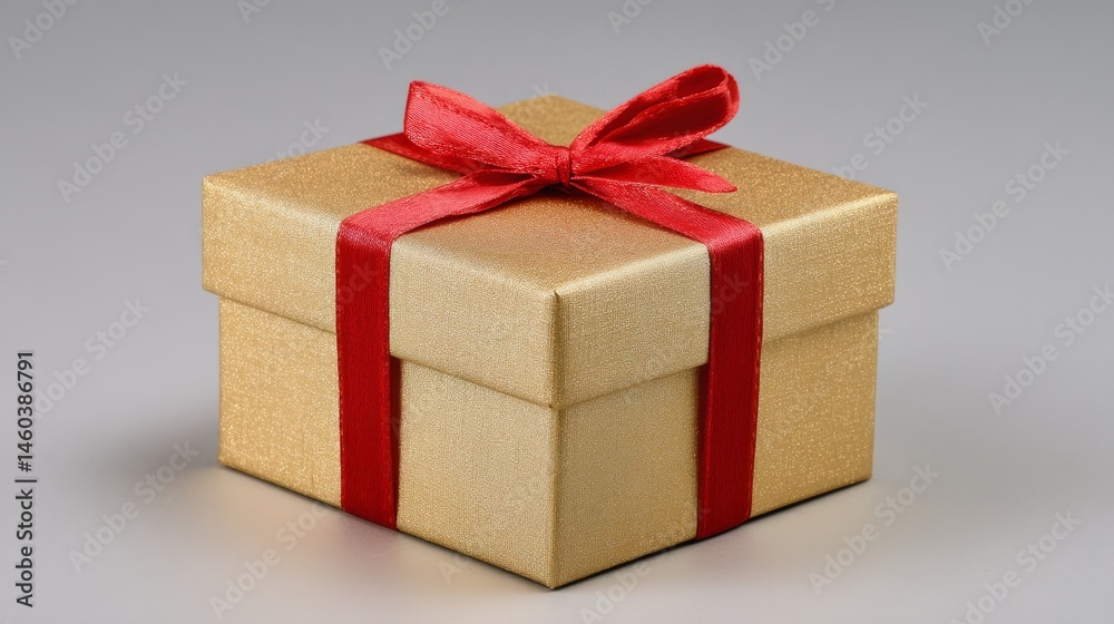 Obraz premium Golden gift box with red ribbon, symbolizing luxury and celebration 