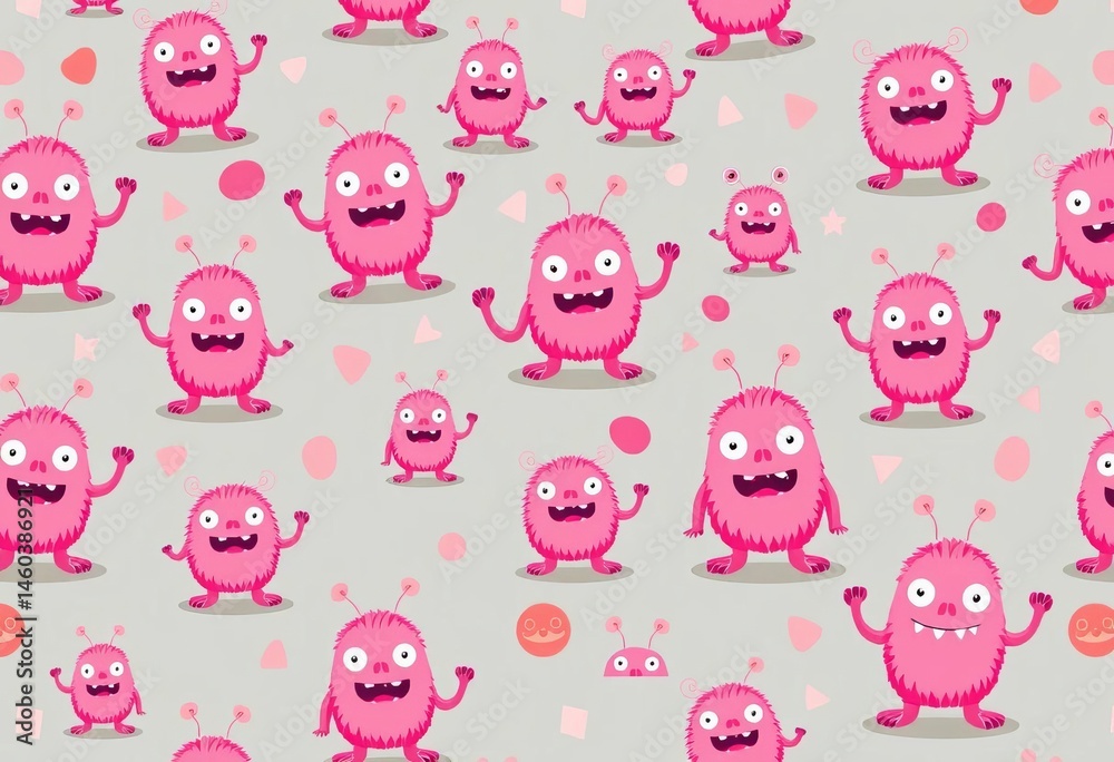 Fototapeta premium Seamless vector print of cute pink monsters with abstract shapes in a girly pattern, repeat, funny