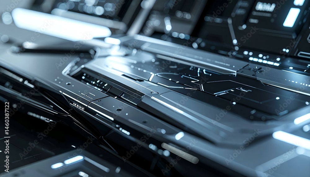 Futuristic metallic control panel with glowing lines. Sci-fi interface, abstract technology background. Futuristic metallic control panel with glowing lines. Sci-fi interface, abstract technology background.