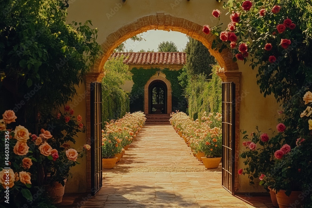 Fototapeta premium Charming entrance to Mediterranean-style villa with flowers and white walls