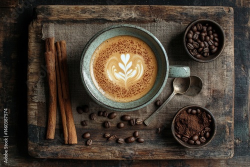 Top view of cappuccino with latte art served on wooden tray with cookies and coffee beans