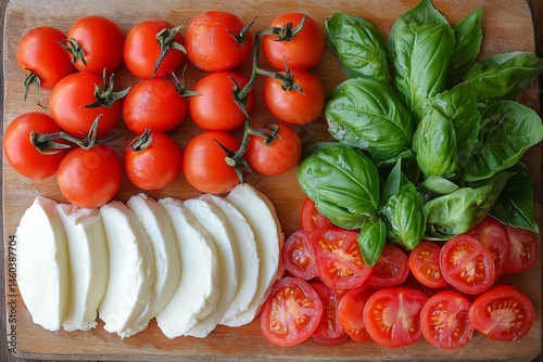 Fresh sliced vegetables including tomato basil and mozzarella on table