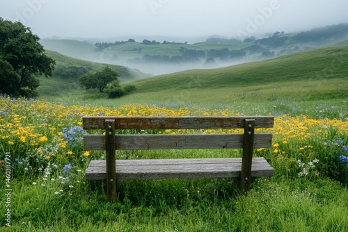 Peaceful countryside meadow with wooden bench and wildflowers under cloudy sky