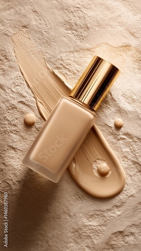 Beige foundation bottle on textured surface with smears of product, showcasing makeup texture and application, ideal for beauty advertisements or blog posts