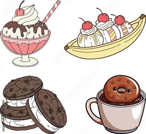 Delicious Ice Cream and Sweet Desserts Vector Colorful Illustration