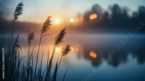 Misty sunrise over a tranquil water scene with reeds.
