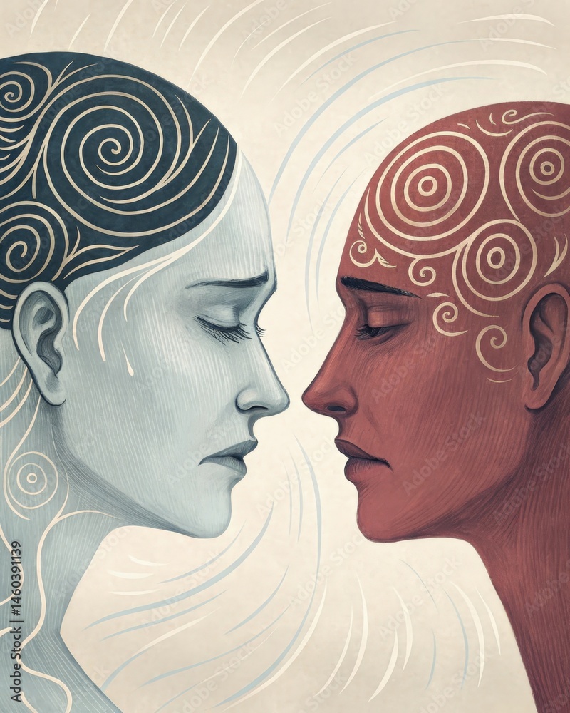 Two faces merging together one calm and serene the other distressed with swirling patterns around its head representing the internal conflict between rational thinking and