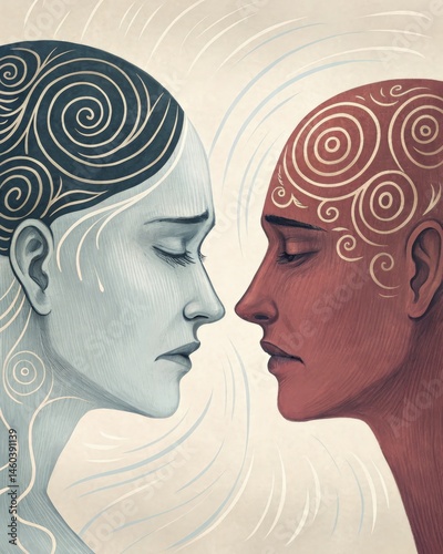 Obraz na płótnie Two faces merging together one calm and serene the other distressed with swirling patterns around its head representing the internal conflict between rational thinking and w salonie