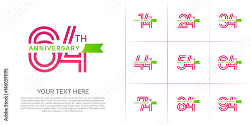 Anniversary logo type set with double line number. purple color with small green ribbon for celebration event