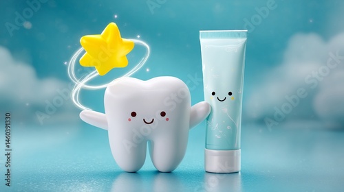Smiling cartoon tooth and toothpaste tube on teal background, showcasing dental hygiene, oral care, and child-friendly products