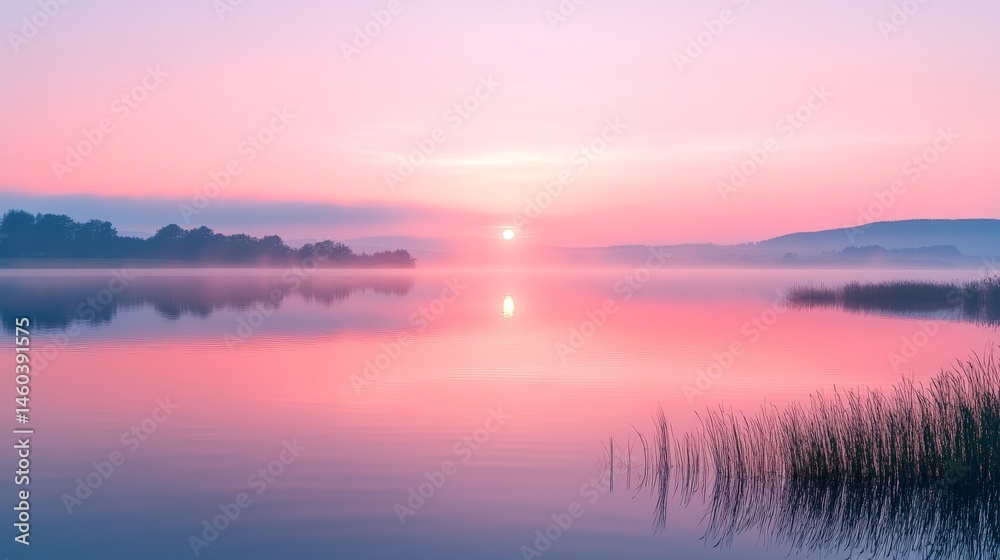 Fototapeta premium Serene sunrise over a tranquil lake reflecting pastel hues.