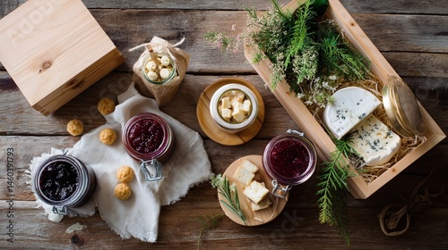 A subscription box featuring artisanal food items such as homemade jams and cheeses elegantly arranged with a rustic backdrop.