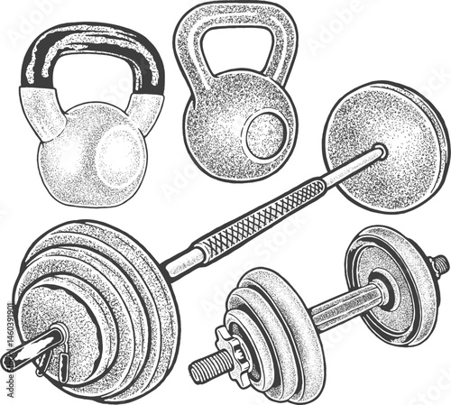 Kettlebell, dumbell, and barbell set – Hand-Drawn Vector Illustration with Stipple Shading