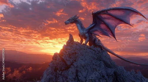 Colossal silver dragon perched atop mountain peak wings spread wide against a dramatic sunset cinematic mythical creature