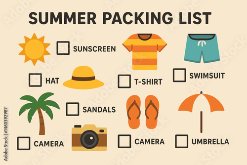 Summer Packing List with Icons and Checklist on Beige Background  