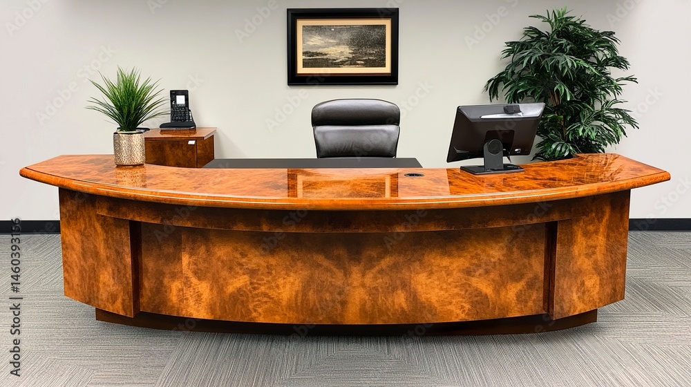 Fototapeta premium Contemporary corporate reception with a polished desk, elegant decor, and a welcoming ambiance, creating a professional first impression. 