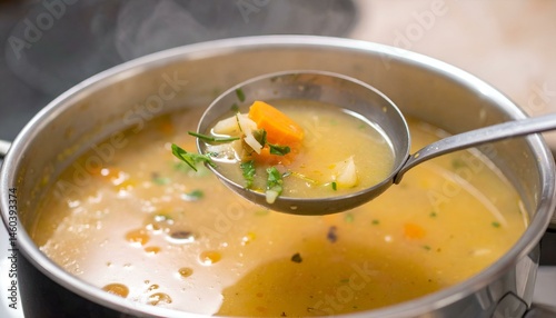 Close-up of a ladle scooping delicious homemade vegetable soup from a pot.  Perfect for illustrating recipes, cooking blogs, or healthy eating concepts.
