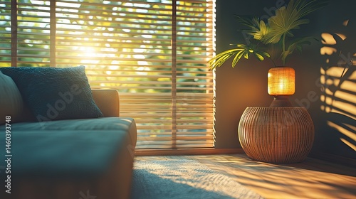 Relaxing interior scene bathed in golden sunlight.
