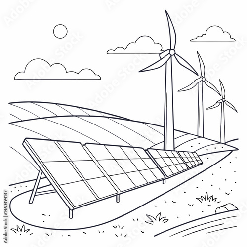Solar Panel Field and Wind Turbines Line Drawing