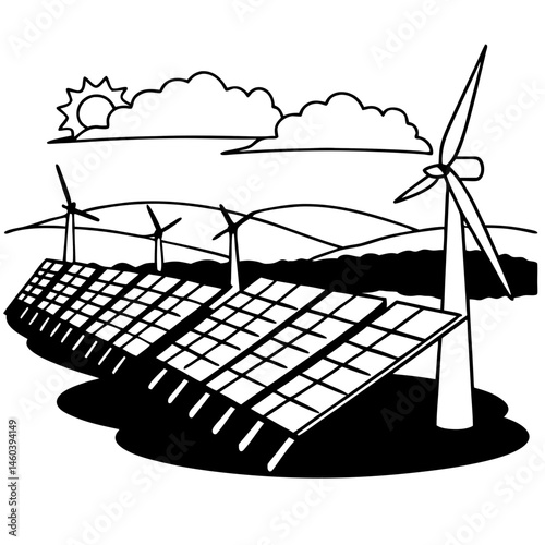 Solar Panel Field and Wind Turbines Line Drawing