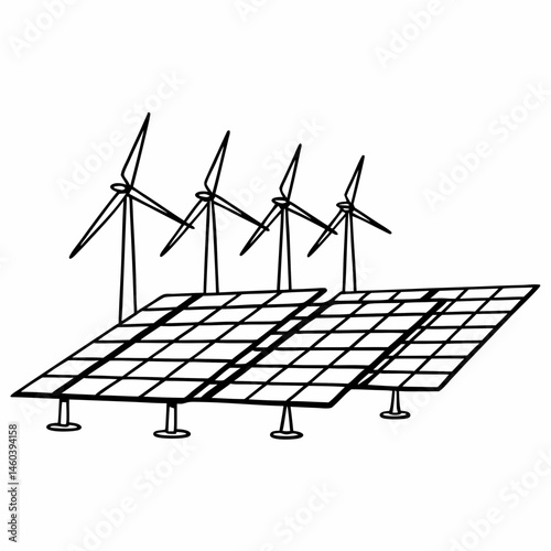 Solar Panel Field and Wind Turbines Line Drawing