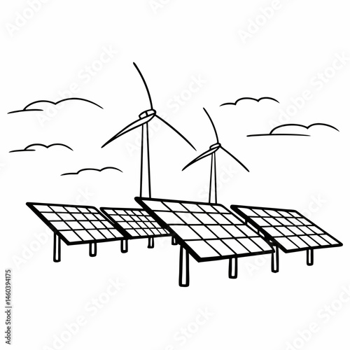 Solar Panel Field and Wind Turbines Line Drawing