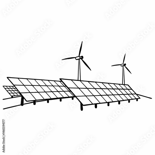 Solar Panel Field and Wind Turbines Line Drawing