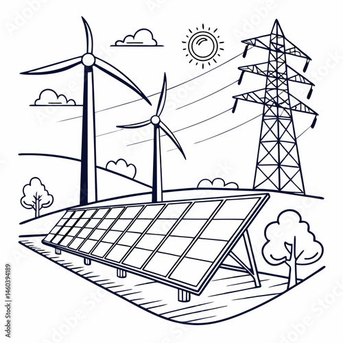 Solar Panel Field and Wind Turbines Line Drawing