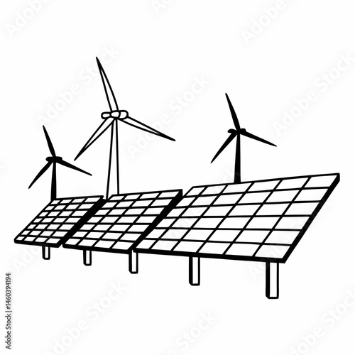 Solar Panel Field and Wind Turbines Line Drawing