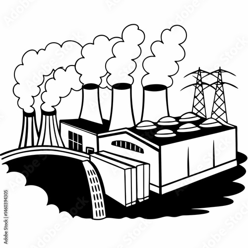 Geothermal Power Plant Line Art Illustration