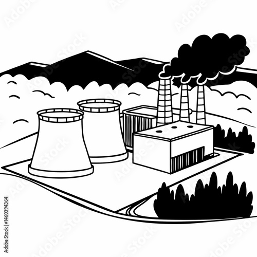 Geothermal Power Plant Line Art Illustration