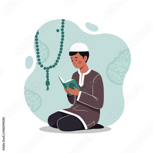 Young Muslim Boy Sitting and Reading Quran with Prayer Beads Spiritual Religious Scene Vector Illustration 