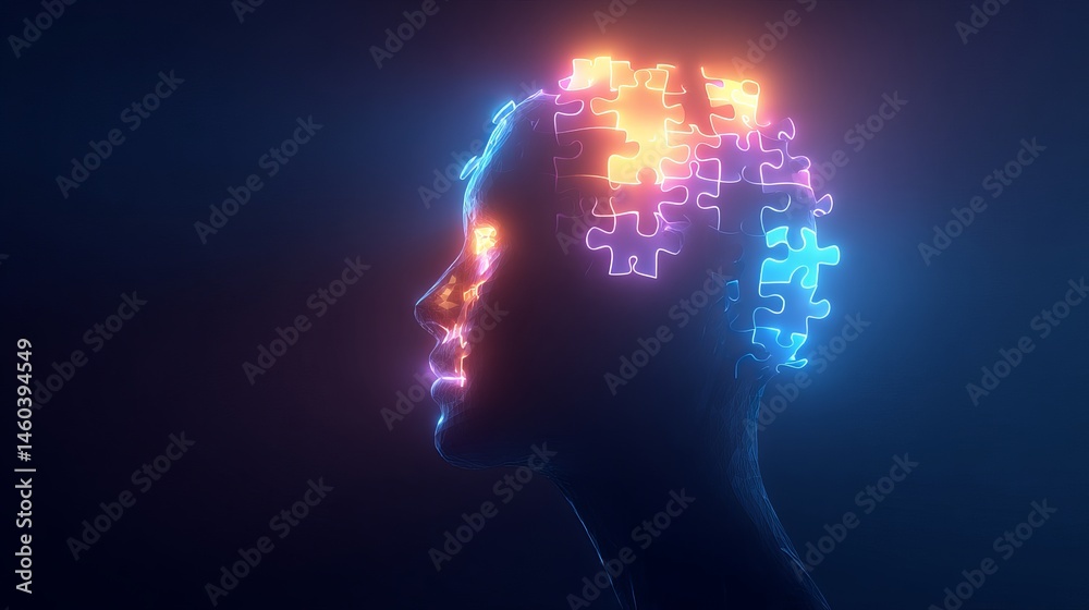 Obraz premium Abstract neon puzzle head profile digital art illustration mind idea blue dark brain light bright
