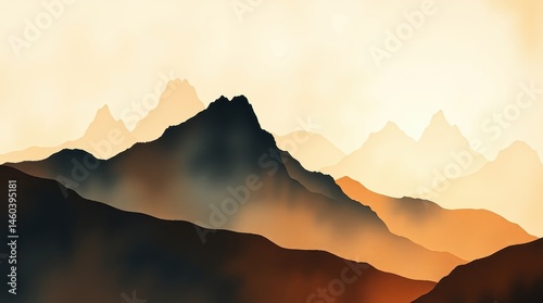 Layered Mountain Silhouettes in Warm Sunset Tones