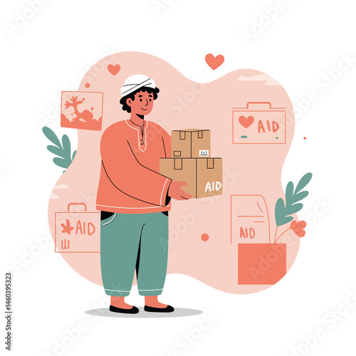 Volunteer delivering aid boxes in humanitarian relief effort with heart symbols and soft colors vector illustration 